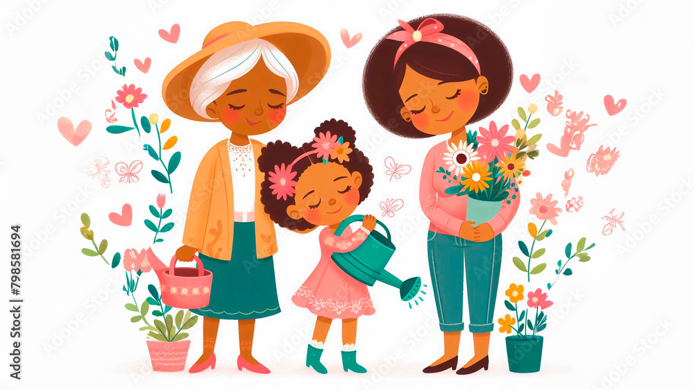 Vector cute illustrations of mother, grandmother and daughter hugging, watering can with flowers. Happy Mother's Day