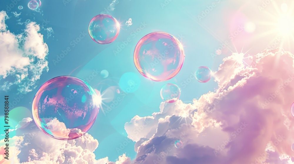 Pastel clouds and soap bubbles with rainbow hues create a whimsical sky background. Pastel clouds and soap bubbles with rainbow hues create a whimsical sky background.