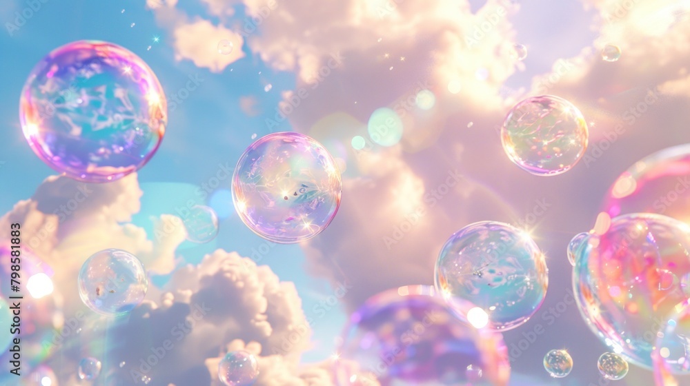Pastel-colored clouds and soap bubbles painted in rainbow hues form the background in the sky. - obrazy, fototapety, plakaty 