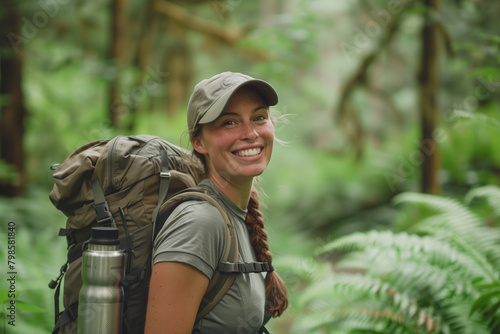 Smiling Explorer with Backpack in the Forest