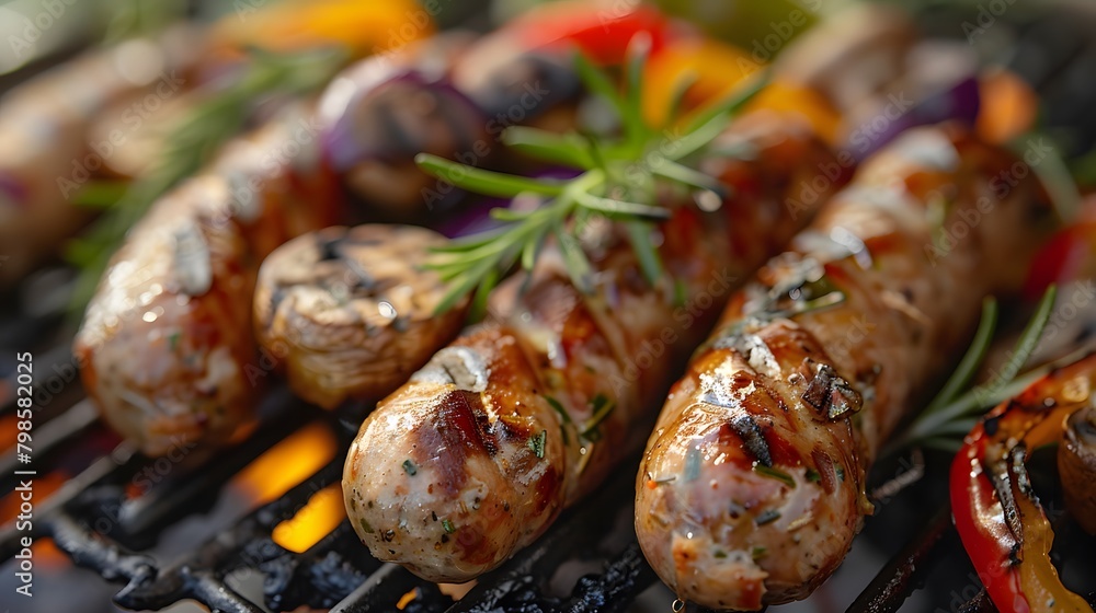 Sausages on the grill with vegetables and herbs. black metal barbecue grid background. for an evening party or family gathering in summer.