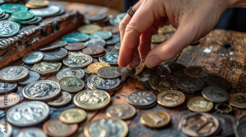 A person sorting through a collection of vintage coins on a wooden table