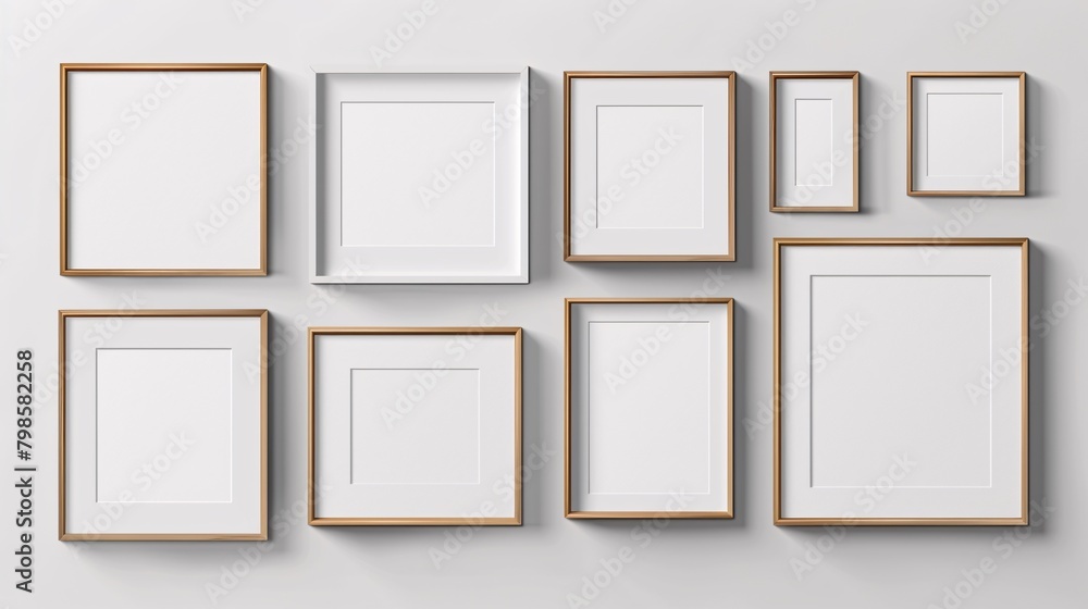 A collection of realistic photo frames in various orientations including square, portrait, and landscape, designed as a mockup with shadows for a versatile display. A collection of realistic photo frames in various orientations including square, portrait, and landscape, designed as a mockup with shadows for a versatile display.