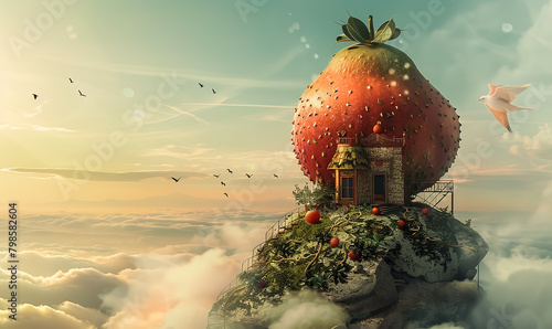 Fantasy House made from Giant fruit, on a mountain and a lot of clouds around, lovely house, fantasy background  