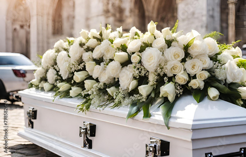 White Coffin with silver handles with white flowers at a funeral service Pro Photo 