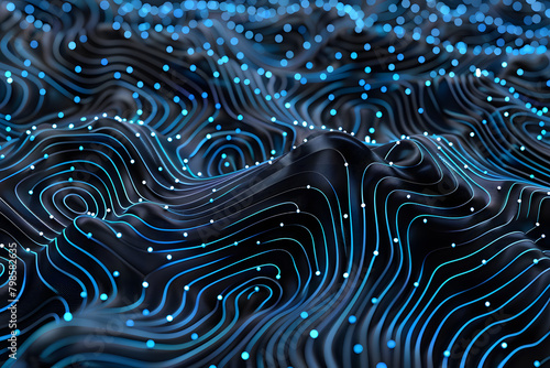 White lines with blue dots move along black waves. Abstract technology background symbolizing the movement of a large amounts of data