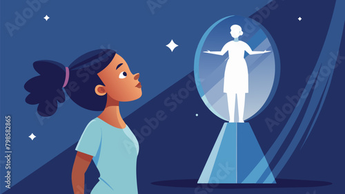 A young girl gazes up in wonder at a sculpture made of glass and mirrors representing the power and importance of selfreflection in the journey. Vector illustration