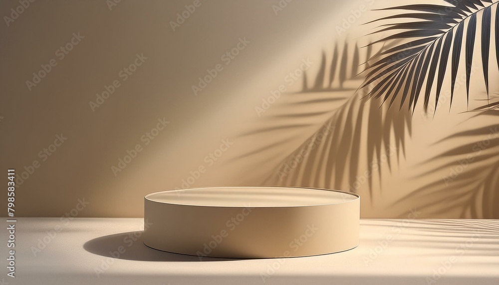 Island Oasis: Realistic 3D Podium Pedestal in Beige with Palm Tropical Leaves Background Island Oasis: Realistic 3D Podium Pedestal in Beige with Palm Tropical Leaves Background