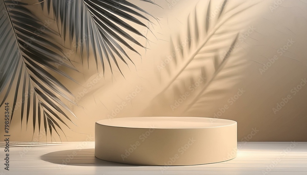 Island Chic: 3D Podium Pedestal in Beige, Elevated Against a Palm Tropical Leaves Shadow Wall - obrazy, fototapety, plakaty 