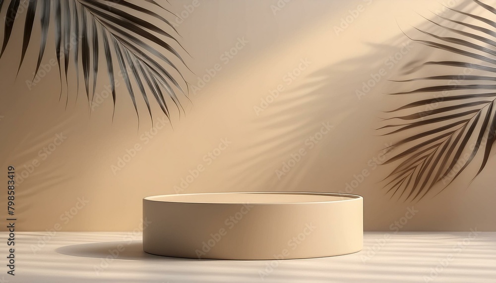 Tropical Elegance: Realistic Beige Cylinder 3D Podium Pedestal with Palm Tropical Leaves Shadow Wall Background - obrazy, fototapety, plakaty 