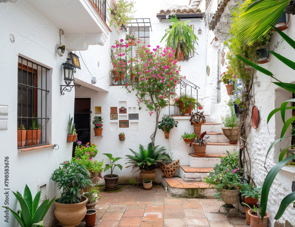 an Andalusian house in Malaga with white walls, wooden windows and arches decorated with flowers. The courtyard has stairs leading to the entrance door surrounded by greenery