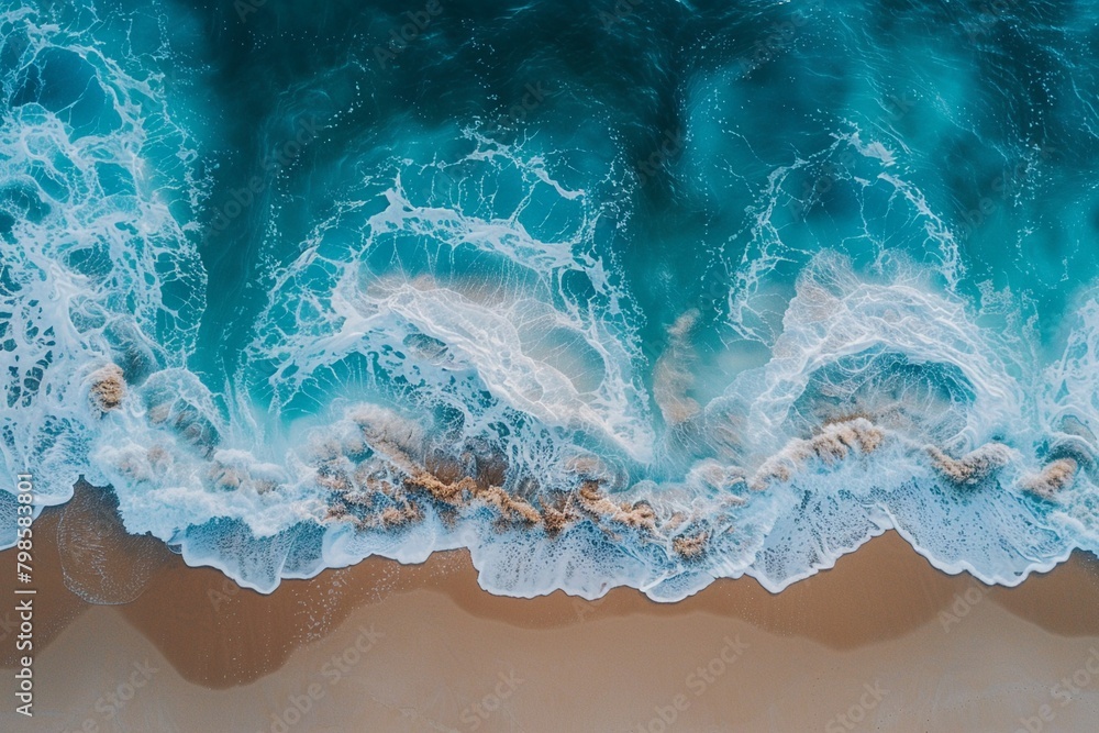Aerial view of sandy beach and ocean with waves Aerial view of sandy beach and ocean with waves