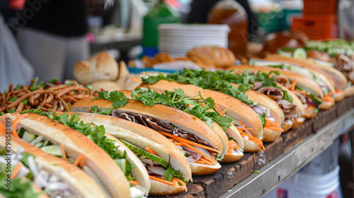 A mouthwatering display of freshly made Vietnamese banh mi sandwiches, piled high with sliced meats, pickled vegetables, and fresh herbs, served from a street food stall photo