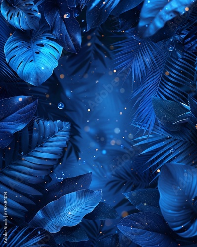 Collection of tropical leaves,foliage plant in blue color with space background