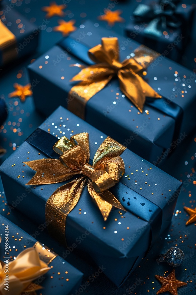 illustration of blue gifts with golden bows and ribbons placed on blue background near stars - obrazy, fototapety, plakaty 