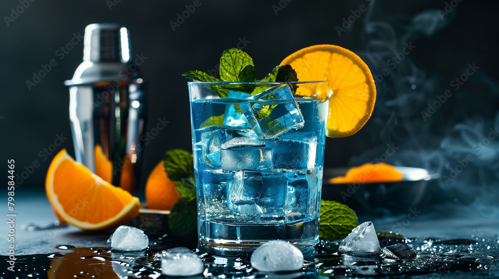 A glass of blue liquid with ice and a slice of orange on the side. The glass is on a table with a silver shaker and a silver cup - obrazy, fototapety, plakaty 