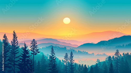 Peaceful Morning: A Serene Sunrise Over Misty Forest and Majestic Mountains