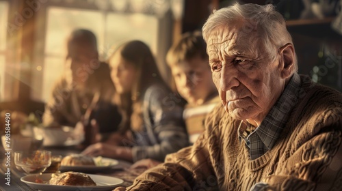 The close up picture of the family is eating the dinner together with enjoyment and happiness, the close up portrait of the grandfather eating the dinner with children and family by warm light. AIG43.