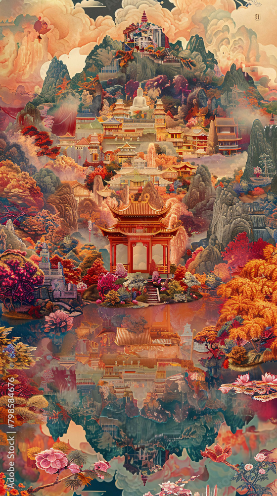 Serene Pure Land: Vibrant Tibetan Thangka Wallpaper with Lotus Flowers and Celestial Harmony Serene Pure Land: Vibrant Tibetan Thangka Wallpaper with Lotus Flowers and Celestial Harmony