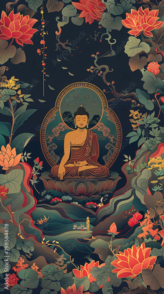 Serene Pure Land: Vibrant Thangka Wallpaper for Smartphone with Intricate Details