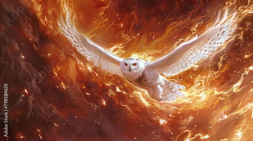 Majestic Snowy Owl Soaring over Fiery Inferno – A Mesmerizing Contrast. photo