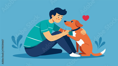 A person experiencing a panic attack their service dog laying across their chest and applying gentle pressure to help calm their racing heart.. Vector illustration