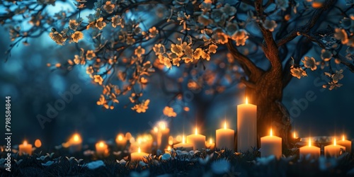 beautiful flowering tree with burning white candles decoration  Generative AI