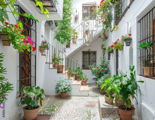 an Andalusian house in Malaga with white walls  wooden windows and arches decorated with flowers. The courtyard has stairs leading to the entrance door surrounded by greenery