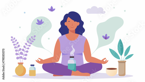 A person using aromatherapy such as lavender or peppermint essential oils to calm their nerves and induce relaxation.. Vector illustration photo