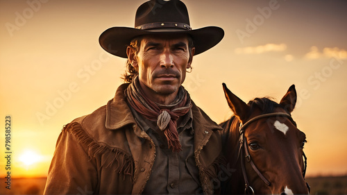 Portrait of cowboy with horse in desert at sunset 