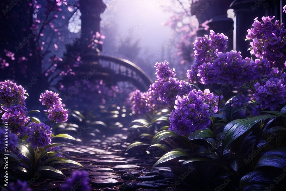 a pathway surrounded by purple flowers and lush greenery a pathway surrounded by purple flowers and lush greenery
