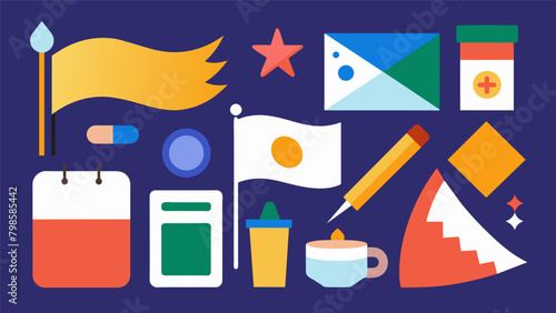 An array of different supplies from fabric to paint to patches are available for participants to choose from and make their flag truly one of a kind.. Vector illustration