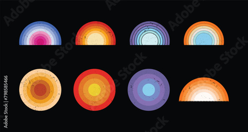 Retro vintage color background illustrations Shape 8 piece set. Vintage sunset collection in 70s 80s style. Regular and distressed retro sunset set