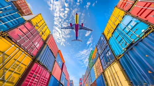 A cargo plane flies over colorful shipping containers stacked in the background  representing global trade and container transport. 