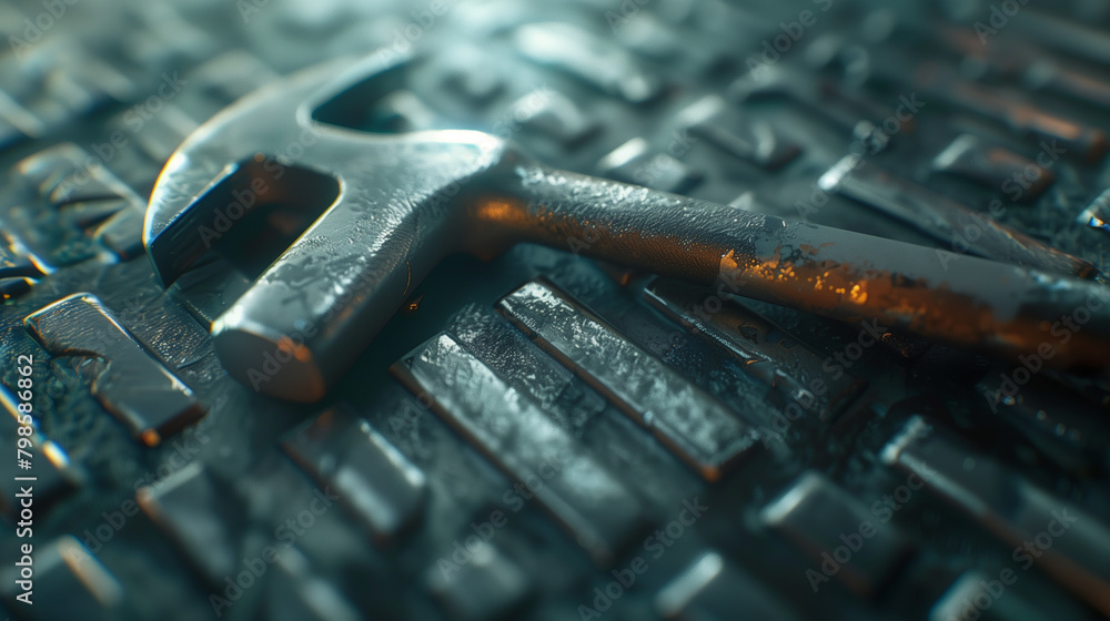 Fototapeta premium A sleek hammer and wrench crossed over a digital backdrop, representing the tools of trade and industry on Labor Day, Clean, 3D Render, Close Up,