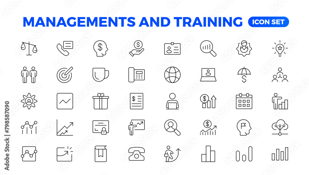 Business or organisation management icon set. Containing manager, teamwork, strategy, marketing, business, planning, training, employee icons. Solid icons vector collection. outline icon collection. Business or organisation management icon set. Containing manager, teamwork, strategy, marketing, business, planning, training, employee icons. Solid icons vector collection. outline icon collection.