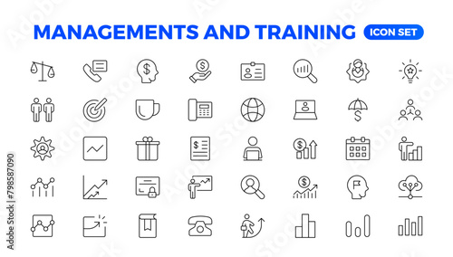 Business or organisation management icon set. Containing manager, teamwork, strategy, marketing, business, planning, training, employee icons. Solid icons vector collection. outline icon collection.