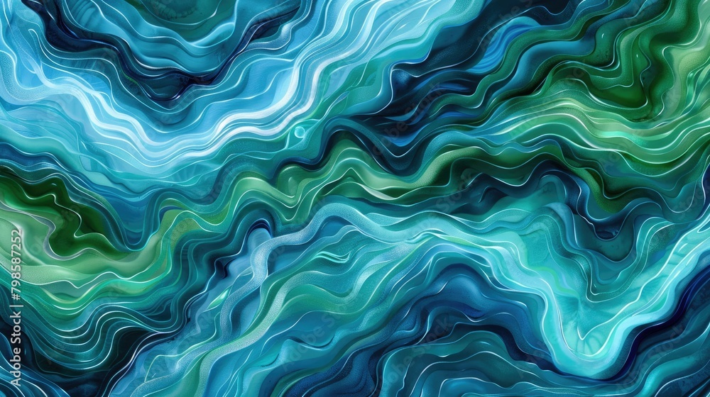 Fototapeta premium Fluid motion waves in a cosmic palette of indigo and cosmic green