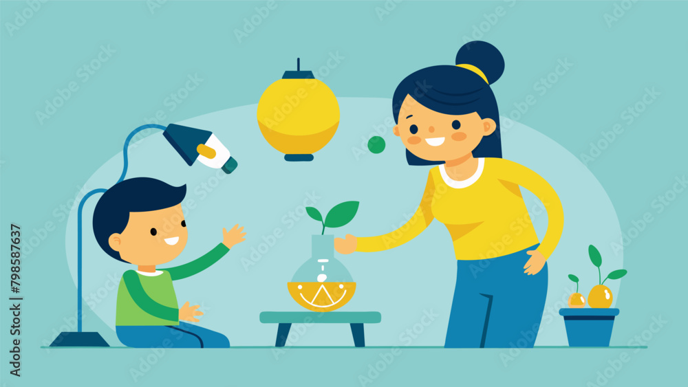 A mother helps her child make a lemon battery using just a few household items to power a small light bulb and sparking a conversation about