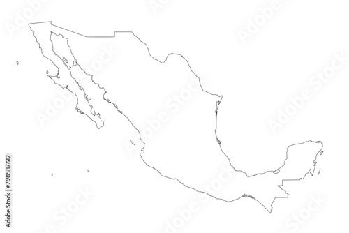 Mexico blank border map outline sketch isolated on white. Thin hand drawn black line contour. Vector clipart for banner background design, geographic, travel in Mexico, mexican events illustration.