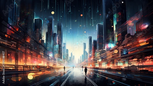 Capture the complexity of dreams and reality with a digital masterpiece featuring a fragmented, pixelated cityscape merging with a swirling vortex of thoughts photo