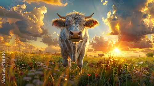 Delight your audience with a panoramic view of a charming, plump cow in a lush meadow under a vibrant sunset, its fluffy fur rendered in photorealistic detail photo