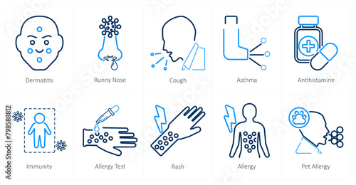 A set of 10 allergy icons as dermatitis, runny nose, cough
