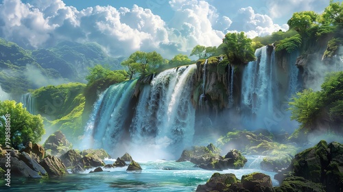 Craft a stunning digital illustration of a serene side view of a majestic blue waterfall  cascading gracefully over rocky cliffs  framed by lush greenery and misty clouds