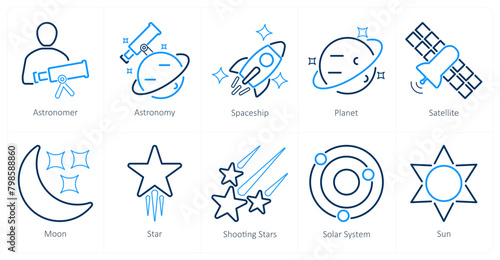 A set of 10 astronomy icons as astronomer, astronomy, spaceship