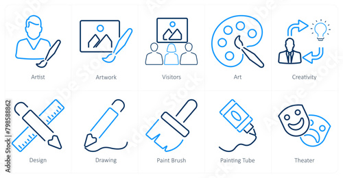 A set of 10 art icons as artist, artwork, visitors
