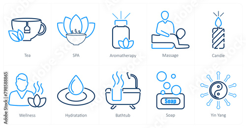 A set of 10 beauty and spa icons as tea, spa, aromatherapy