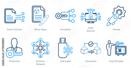 A set of 10 blockchain icons as smart contract, white paper, encryption