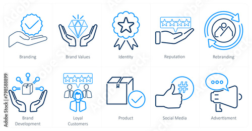 A set of 10 branding icons as branding, brand values, identity
