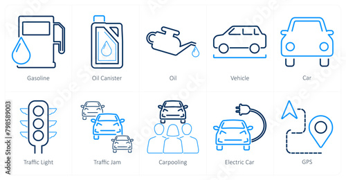 A set of 10 car icons as gasoline, oil canister, oil